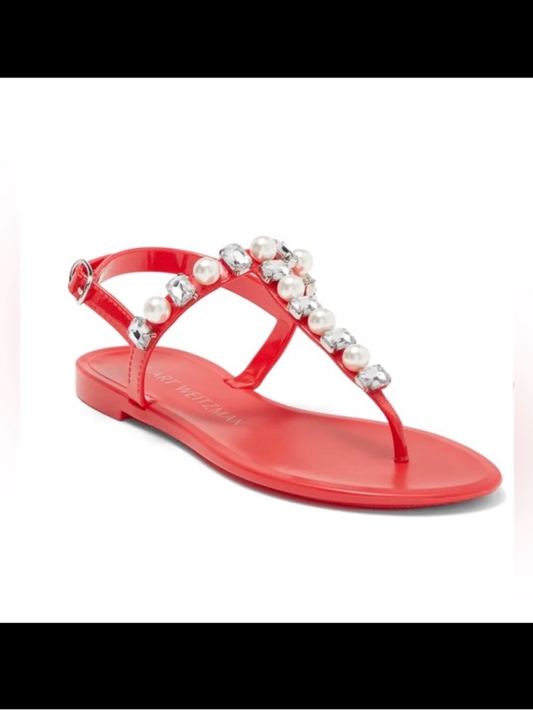 Stuart Weitzman Goldie Crystal Pearly Studded Jelly Red Sandals Size 8 Nwt